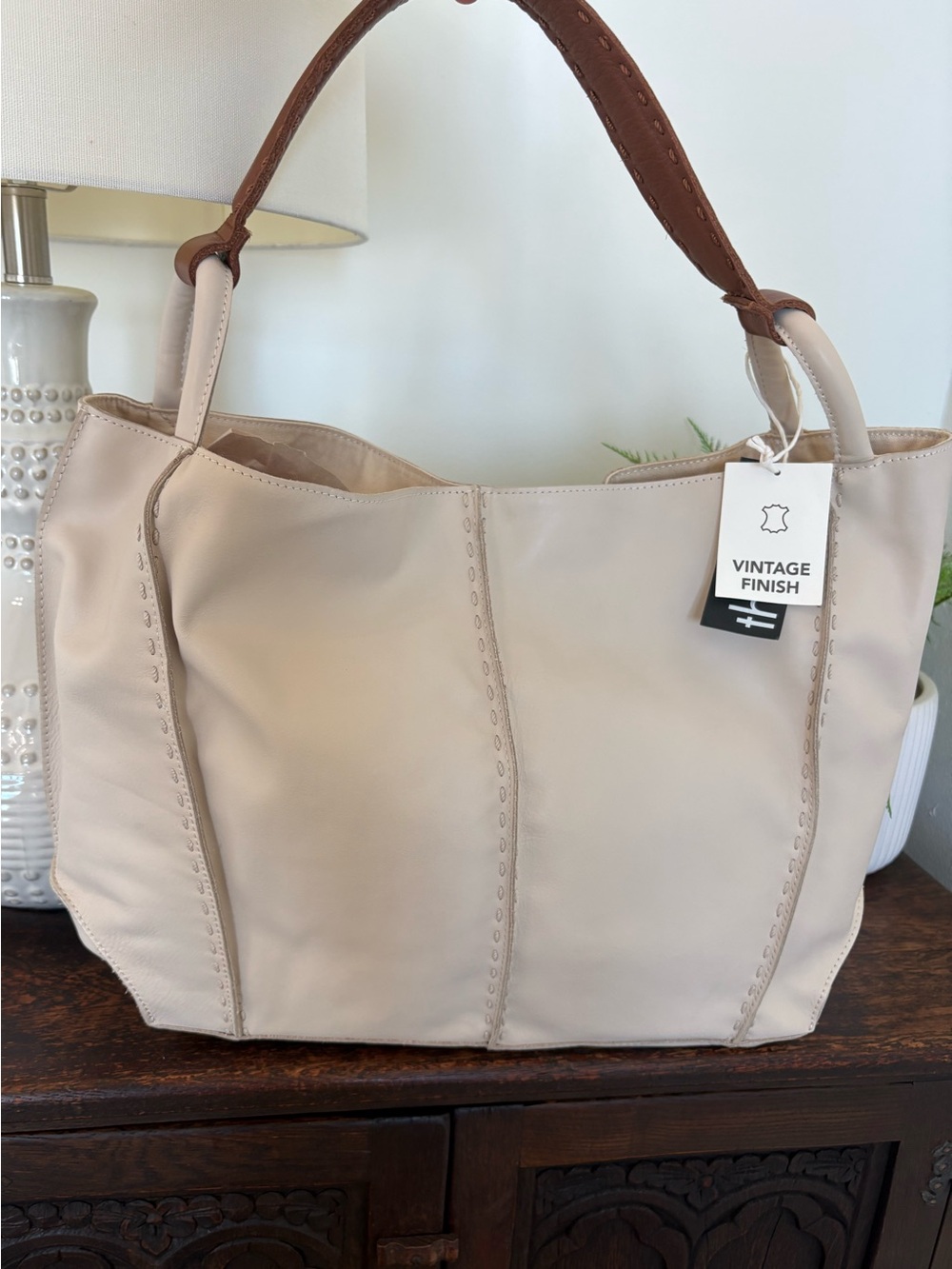 The Sak Los Feliz Large Tote In Stone White Leather Hobo Tote Bag - Picture 2 of 8